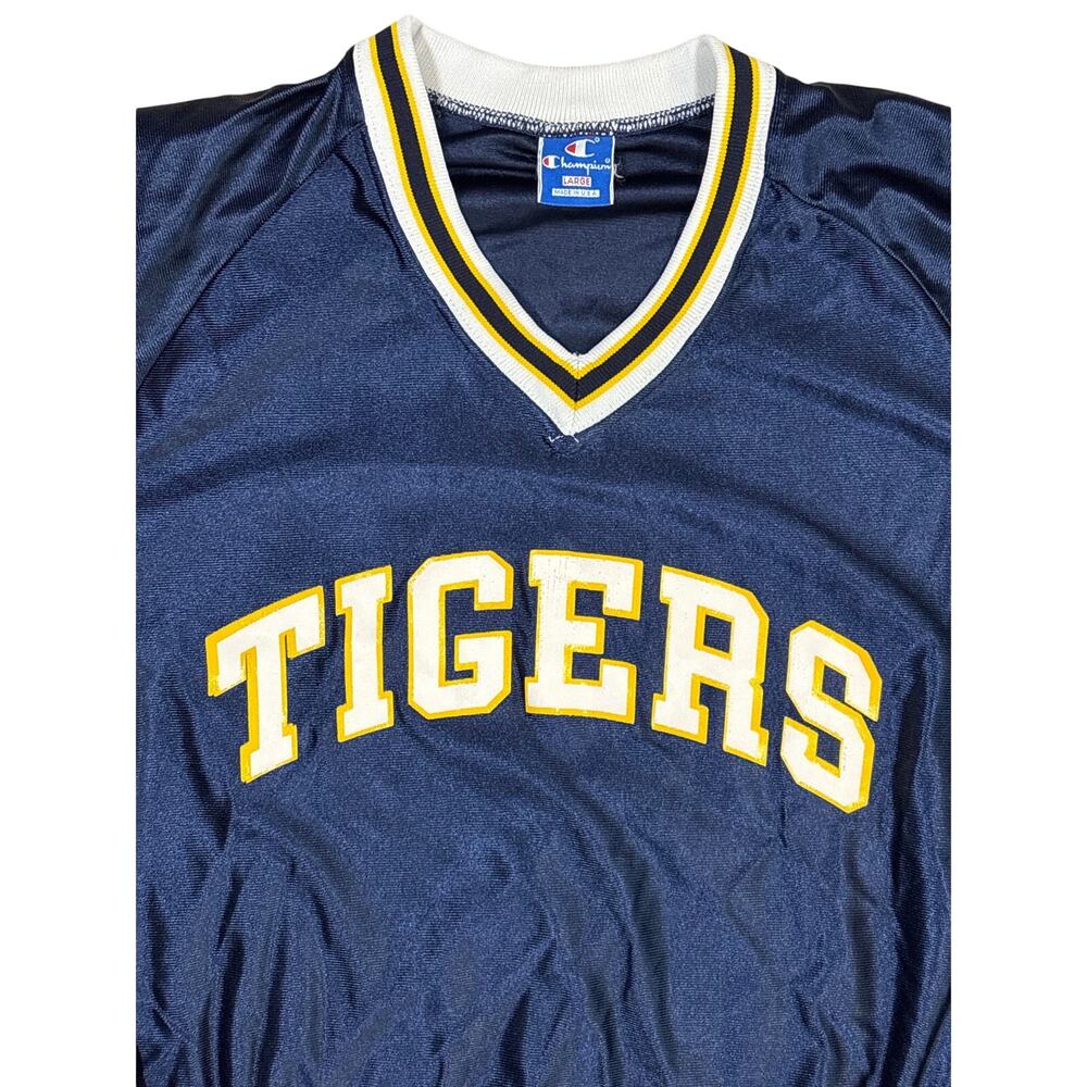 Vtg 80s Champion Tigers Shiny Nylon Navy Yellow pullover L LSU Missouri Blue Era - Picture 2 of 7